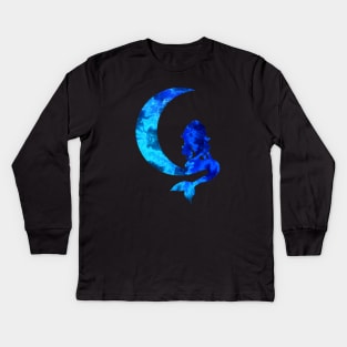 Blue Crescent Moon and Mermaid Silhouette Kids Long Sleeve T-Shirt